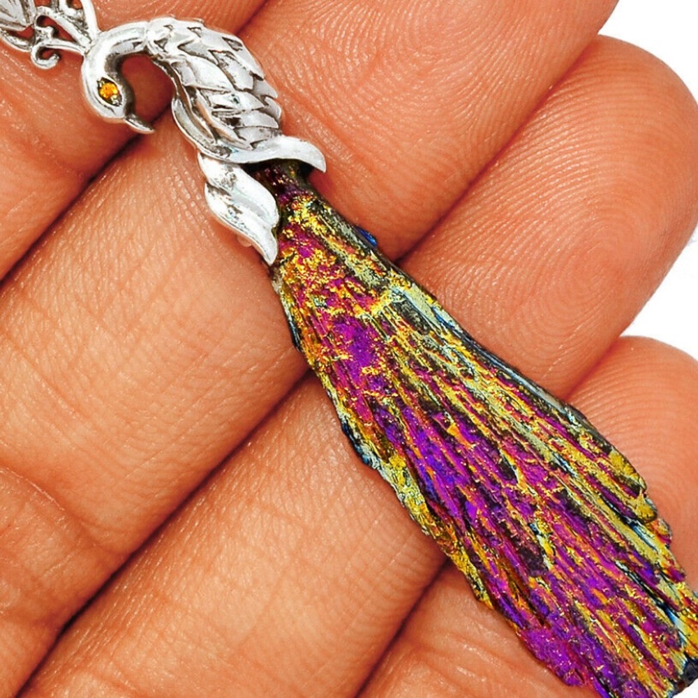 Striking rainbow Aura kyanite peacock pendant - Picture 7 of 7